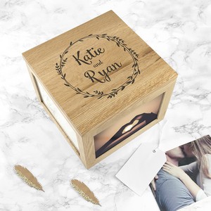 Oak Personalised Photo Keepsake Box For Couples - Wreath Design
