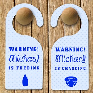 Personalised Blue Baby Warning Door Hanger