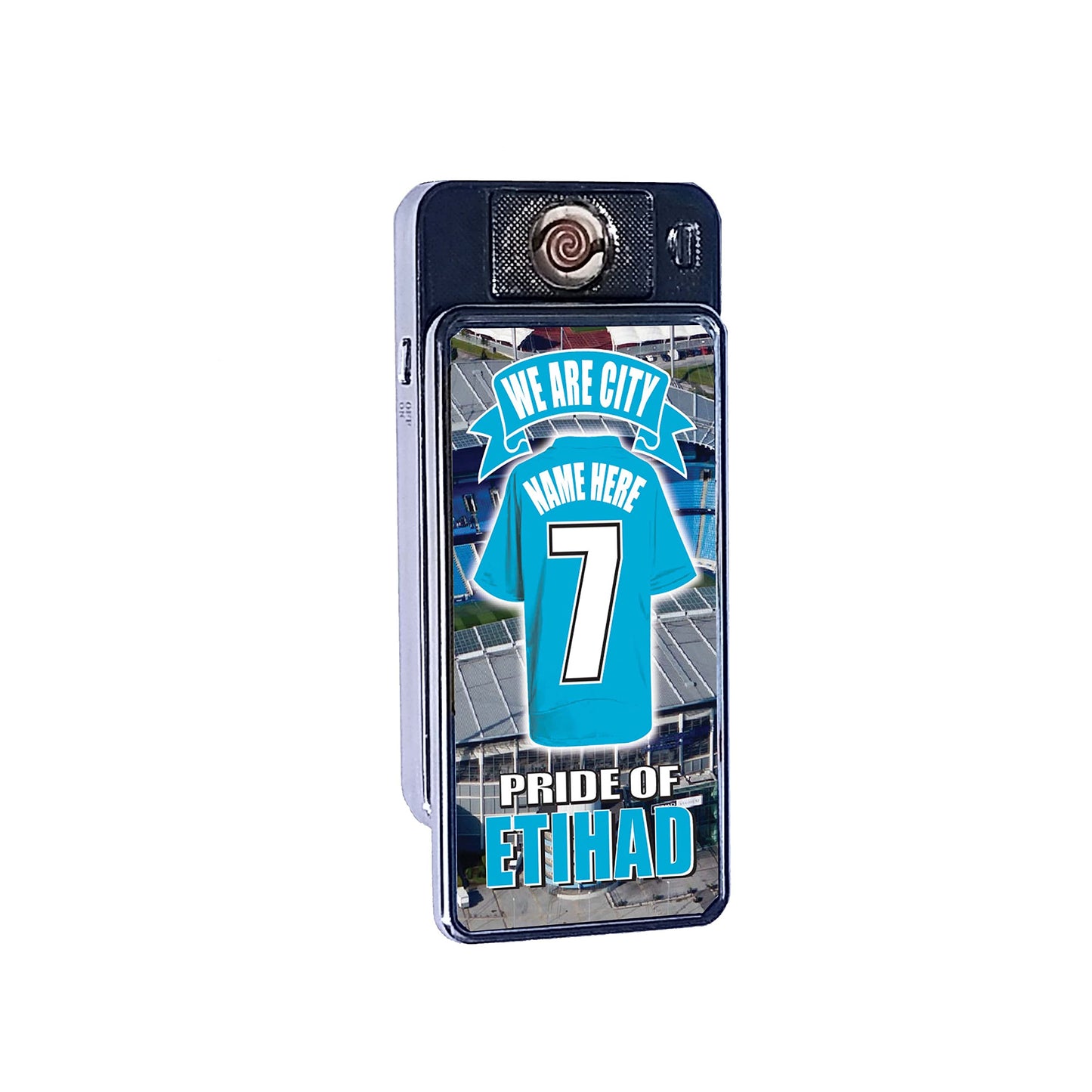 Manchester Blues Personalised Football Shirt Rechargeable Gift Boxed Silver Metal USB Lighter Team-Man-City, 70mm x 38mm x 11mm