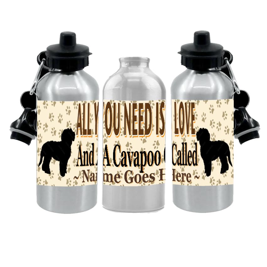 Personalised Cavapoo Water Bottle - All You Need Is Love - Silver Aluminium - Two Lids - Unisex Gift