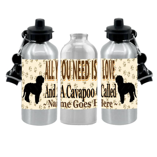 Personalised Cavapoo Water Bottle - All You Need Is Love - Silver Aluminium - Two Lids - Unisex Gift