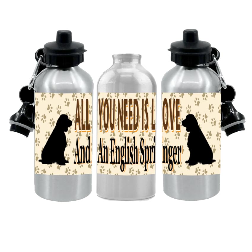 English Springer Water Bottle - All You Need Is Love - Silver Aluminium - Two Lids - Unisex Gift