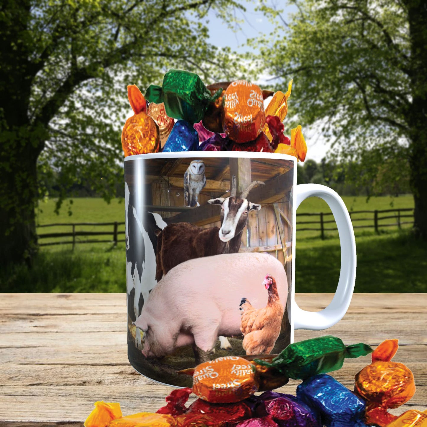 Farm Animals Barn Gathering Mug with Choice of Sweets Gift