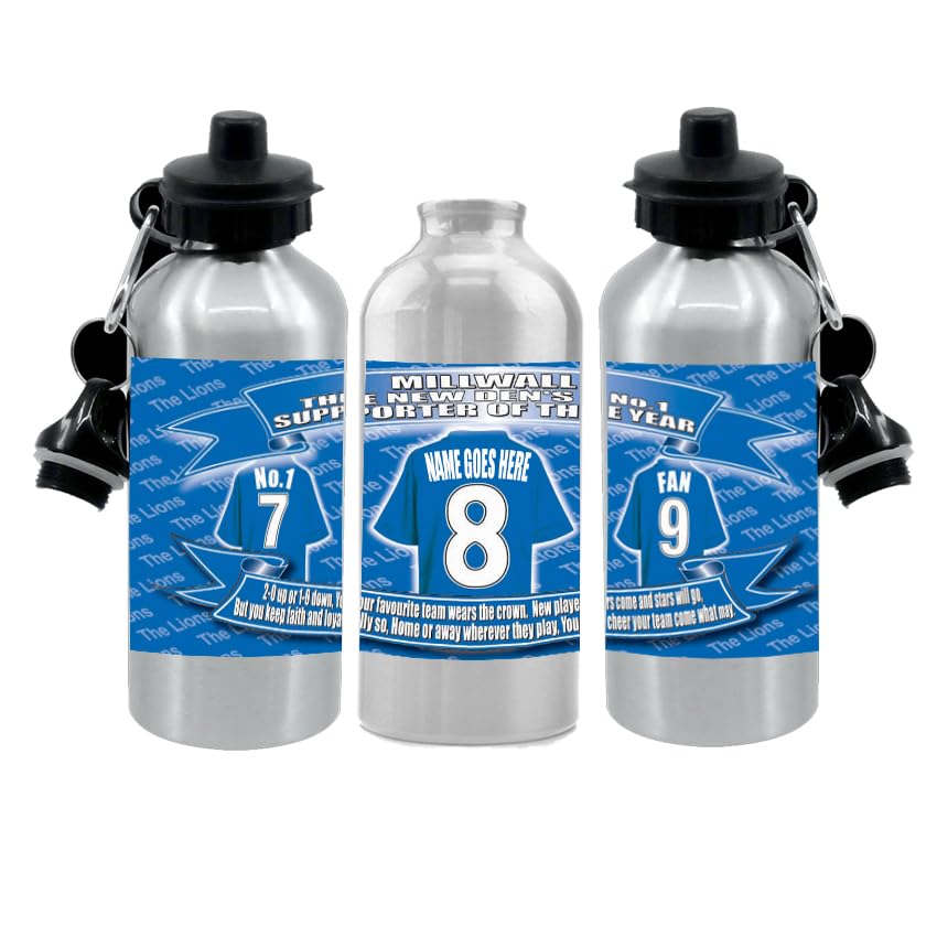 Personalised Mill(wall) Water Bottle - Football Shirt - Silver Aluminium Two Lids - Unisex Gift