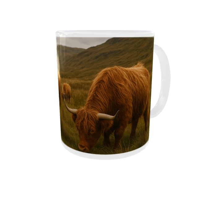 Scottish Highland Cow Ceramic Mug – 11oz Coffee Cup with Cute Cow Print | Farm Animal Gift for Her or Him | Rustic Country Tea Mug for Home or Office