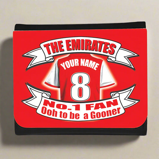 Red wallet with sports jersey design and text on a white background
