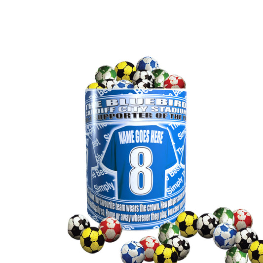 Cardiff Football Team Shirt Personalised Mug Gift with Chocolate Footballs