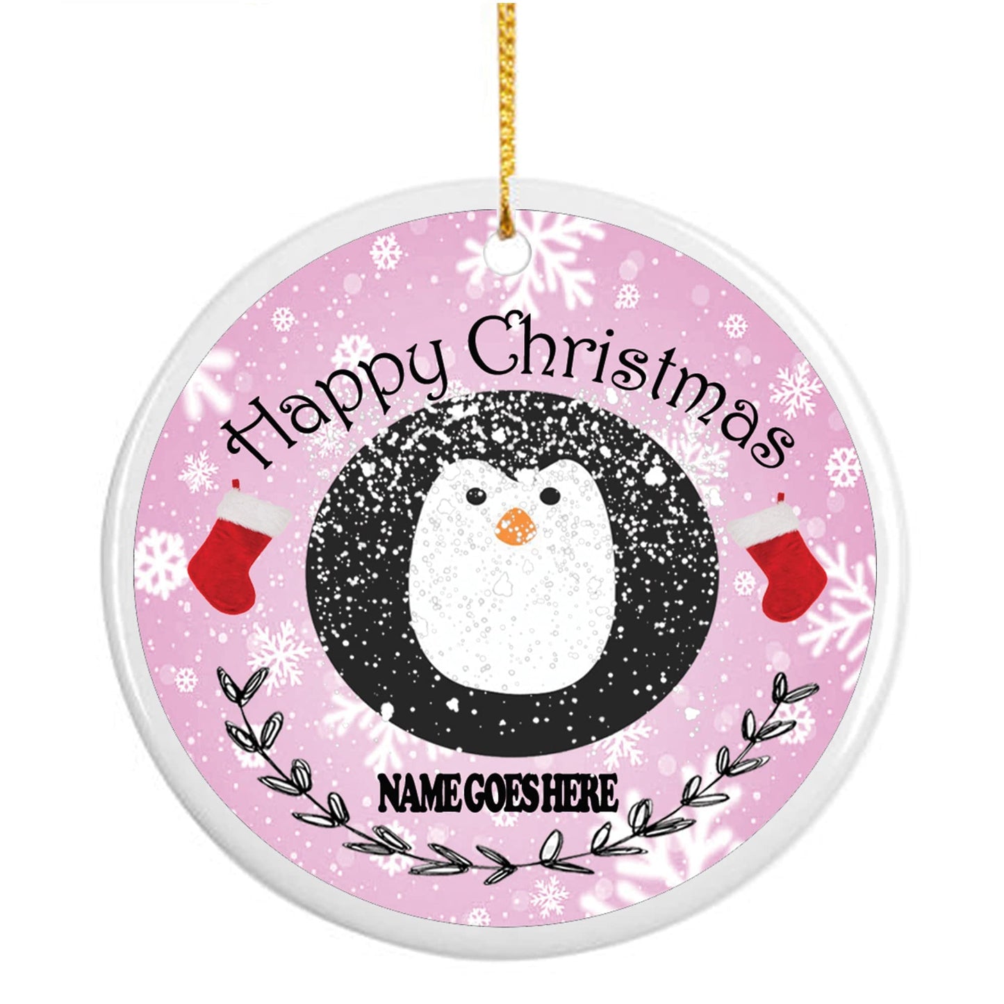 Pink Happy Christmas Personalised Penguin Ceramic hanging Tree Decoration
