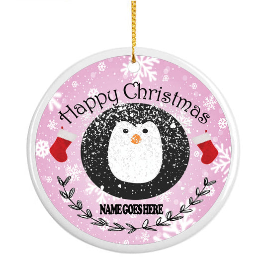 Pink Happy Christmas Personalised Penguin Ceramic hanging Tree Decoration