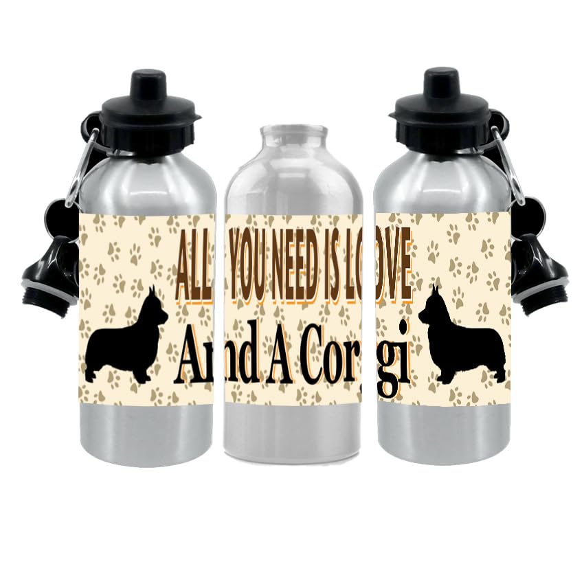 Corgi Water Bottle - All You Need Is Love - Silver Aluminium - Two Lids - Unisex Gift