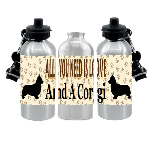Corgi Water Bottle - All You Need Is Love - Silver Aluminium - Two Lids - Unisex Gift