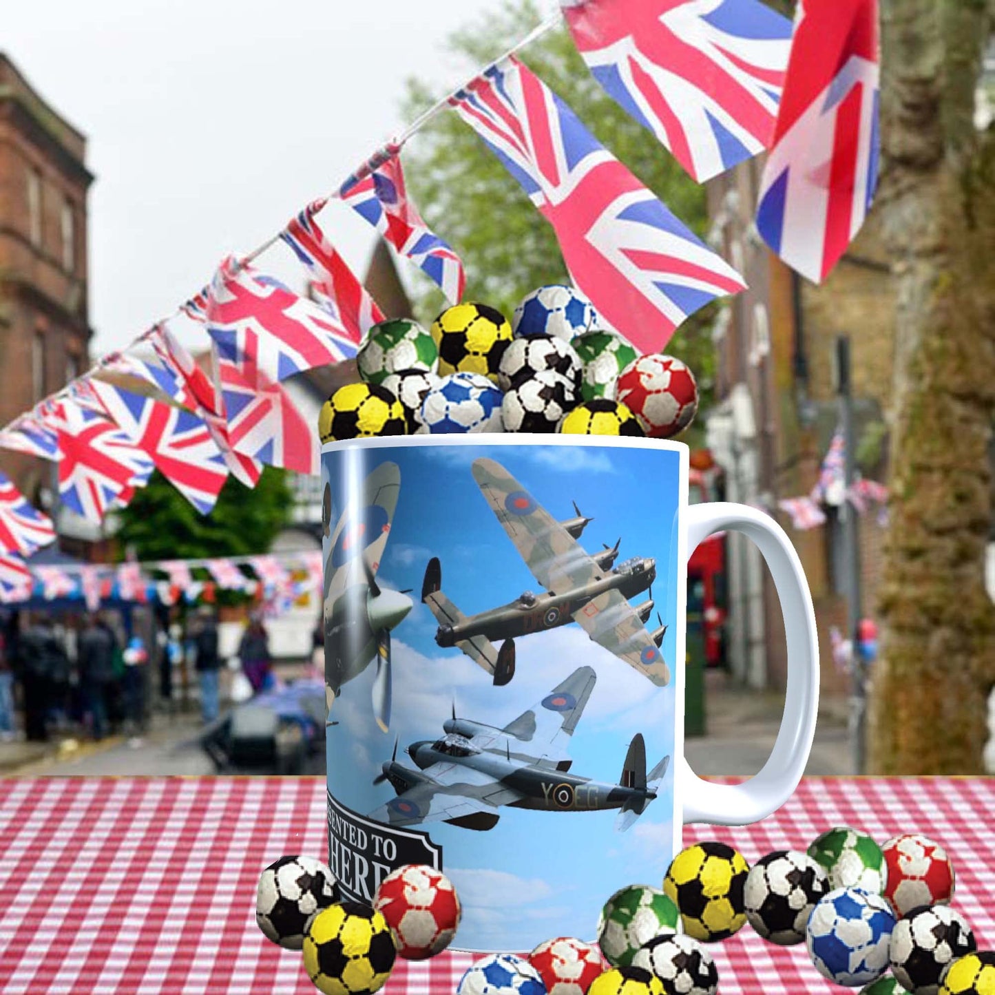 VE Day Battle of Britain WWII Iconic War Planes Spitfire Lancaster Personalised Mug with Choice of Sweets Gift