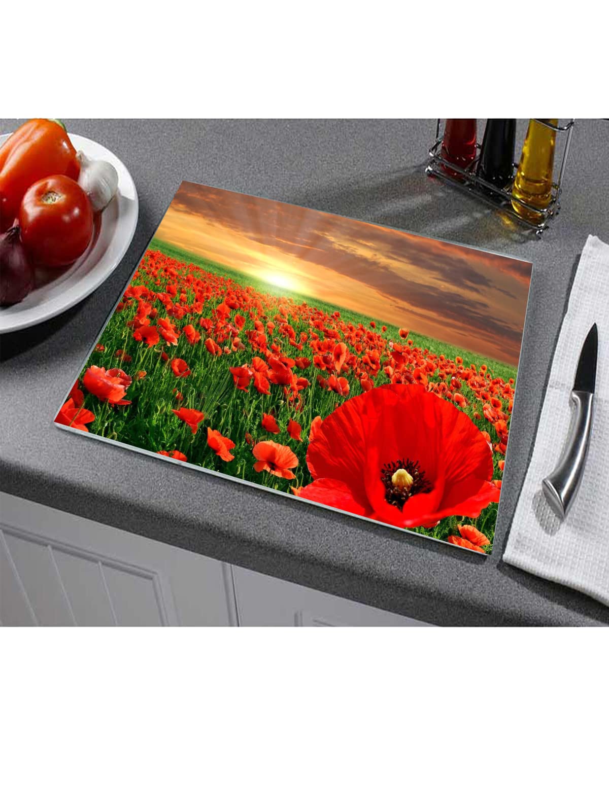 Sunset Poppies Toughened Glass Heat Resistant Worktop Saver Cutting and Chopping Board Gift