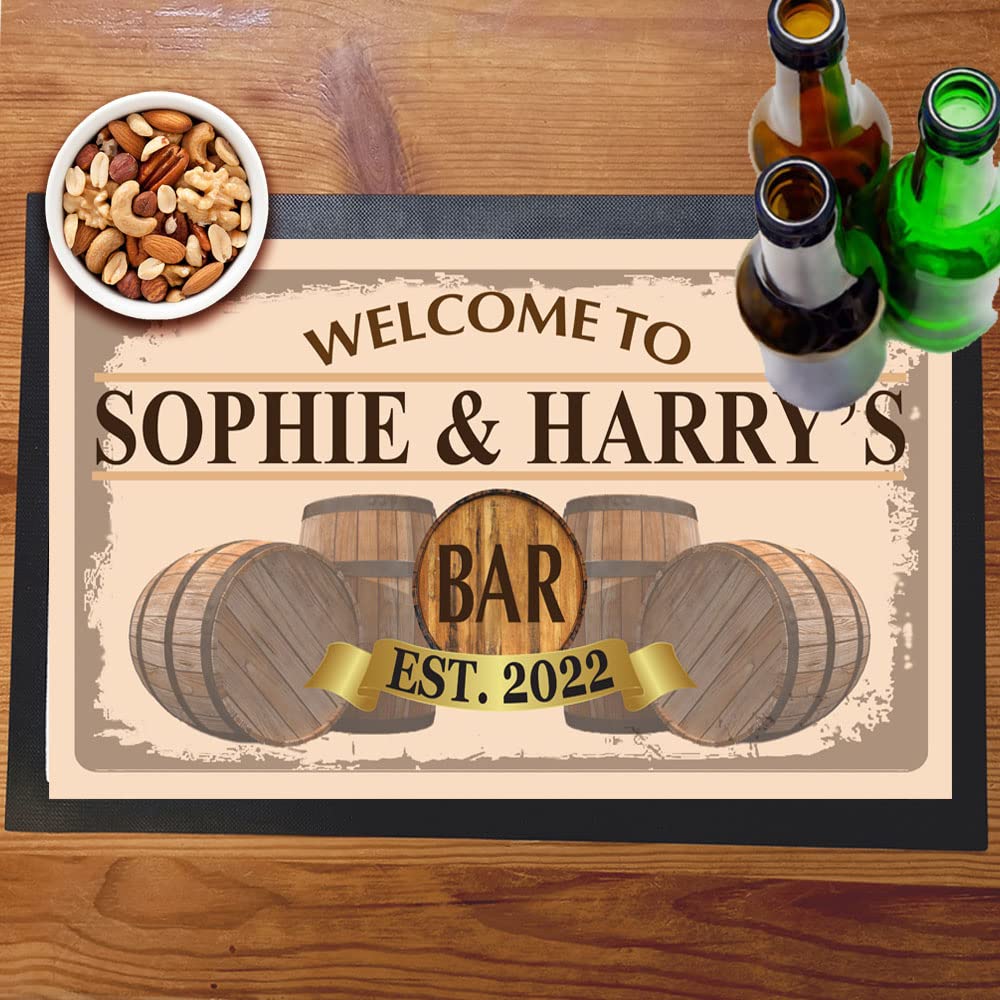 Rustic Wooden Barrels Bar Mat Runner with Non- Slip Rubber Back and Personalised Name with Home, Pub, Coffee Shop, Venue, Garden, Bar Gift