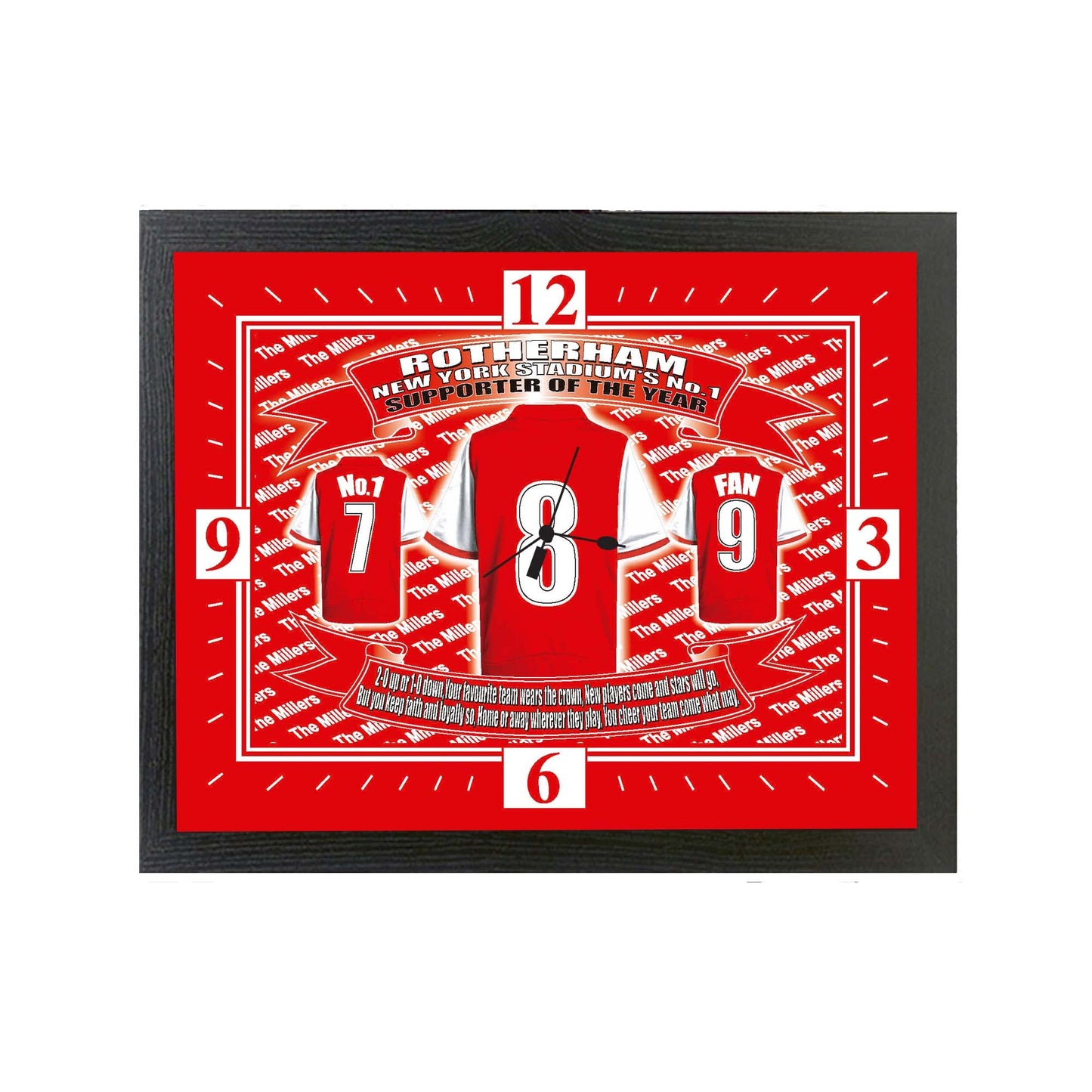Framed poster with red and white design featuring numbers and text on a white background