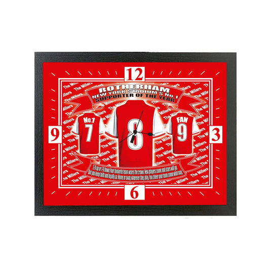 Framed poster with red and white design featuring numbers and text on a white background