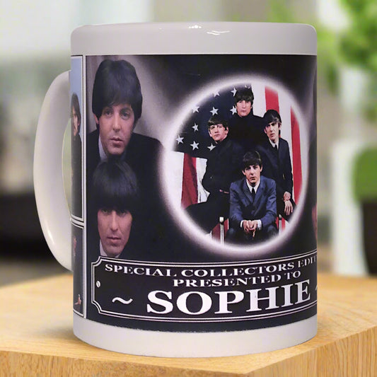 Mug with a design of a band on a black background, personalized with 'SOPHIE'.