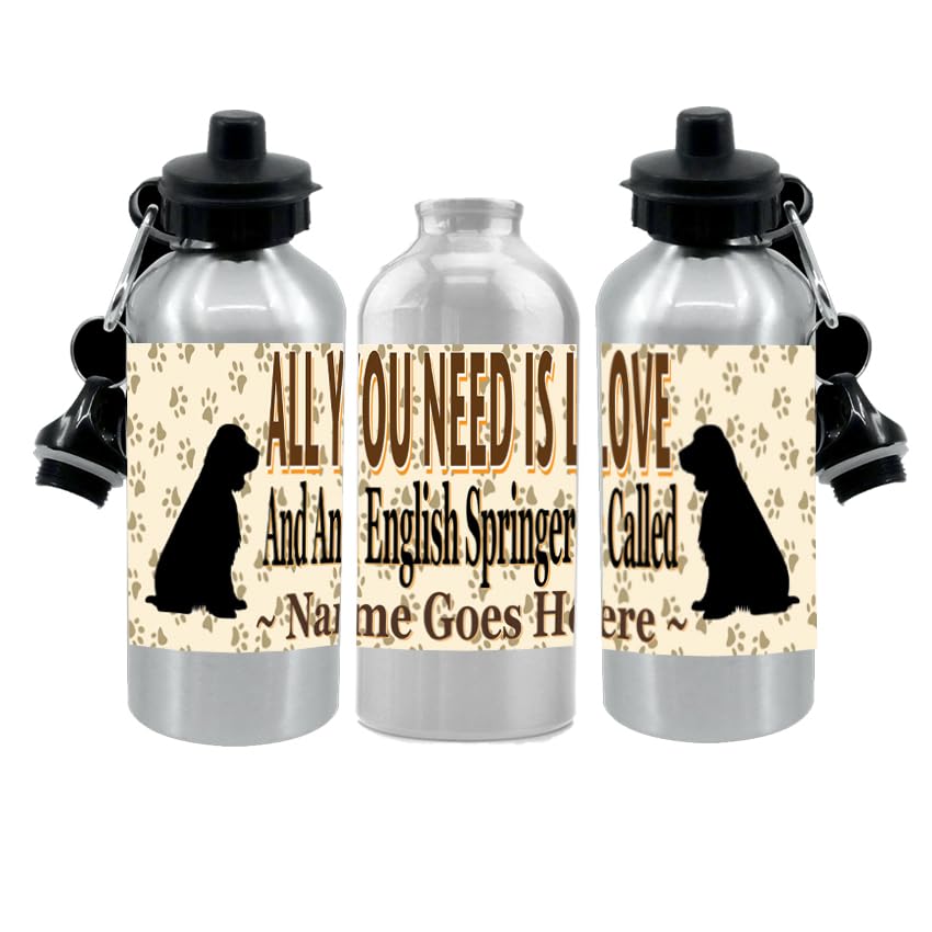Personalised English Springer Water Bottle - All You Need Is Love - Silver Aluminium - Two Lids - Unisex Water Bottle Gift