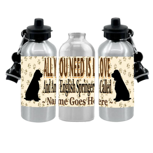 Personalised English Springer Water Bottle - All You Need Is Love - Silver Aluminium - Two Lids - Unisex Water Bottle Gift
