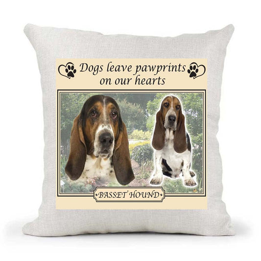 Basset Hound Dogs Leave Pawprints on our Hearts Country Canvas Style Cushion Cover Gift