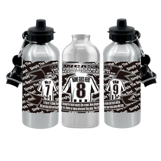 Personalised Newcastle Water Bottle - Football Shirt - Silver Aluminium Two Lids - Unisex Gift
