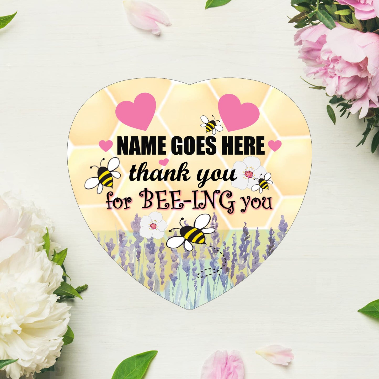 Thank You For BEE-ING You Personalised Hanging Heart Ceramic Keepsake With Honeycomb Bee Hexagon Shape & Pink Hearts Setting Gift
