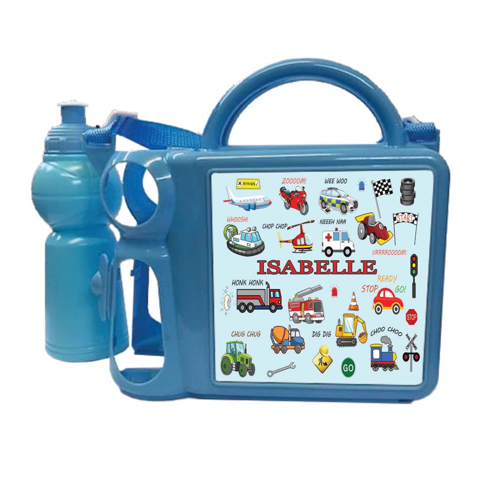 Junior Fun Cartoon Personalised Vehicles Design Plastic Lunch Box and Water Bottle Back to School Gift Set Available in Choice of 2 Colours