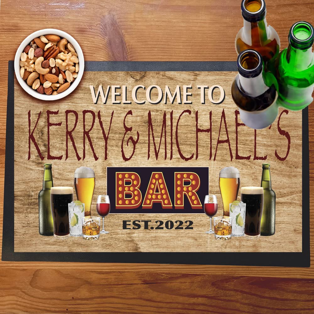 Welcome To Neon Style Text Bar Sign with Drinks Bar Mat Runner with Non- Slip Rubber Back and Personalised Name with Year - Home, Pub, Coffee Shop, Venue, Garden, Bar Gift