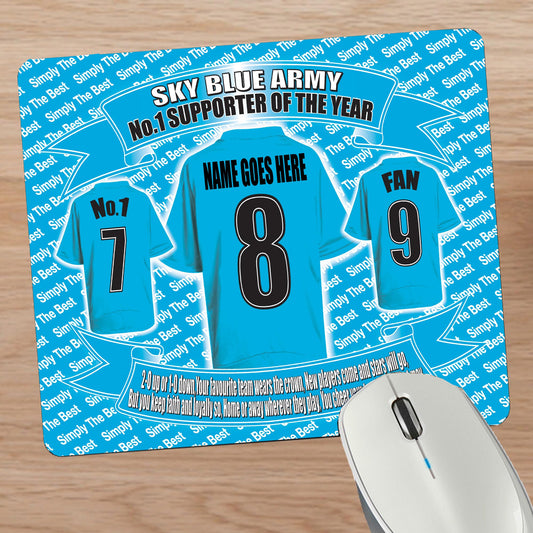 Mouse pad with sports jersey design and text on a wooden surface