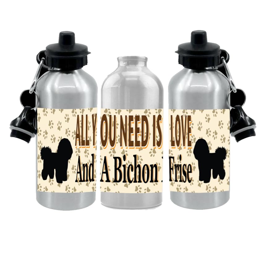 Bichon Frise Water Bottle - All You Need Is Love - Silver Aluminium - Two Lids - Unisex Gift