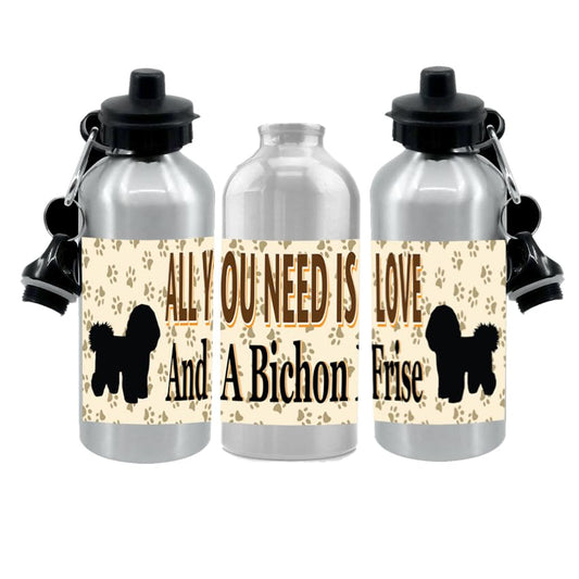 Bichon Frise Water Bottle - All You Need Is Love - Silver Aluminium - Two Lids - Unisex Gift