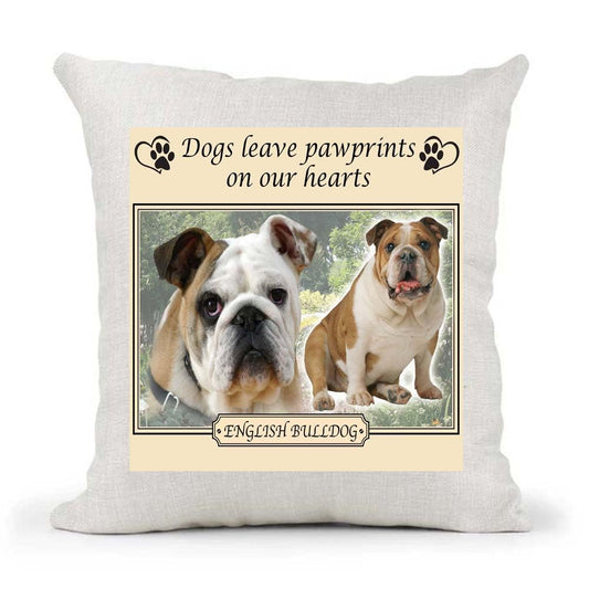 English Bulldog Dogs Leave Pawprints on our Hearts Country Canvas Style Cushion Cover Gift