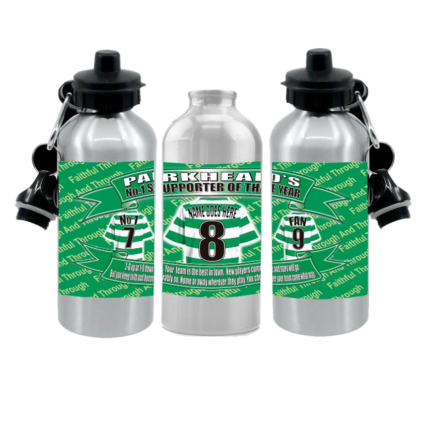Personalised Celtic Water Bottle - Football Shirt - Silver Aluminium Two Lids - Unisex Gift