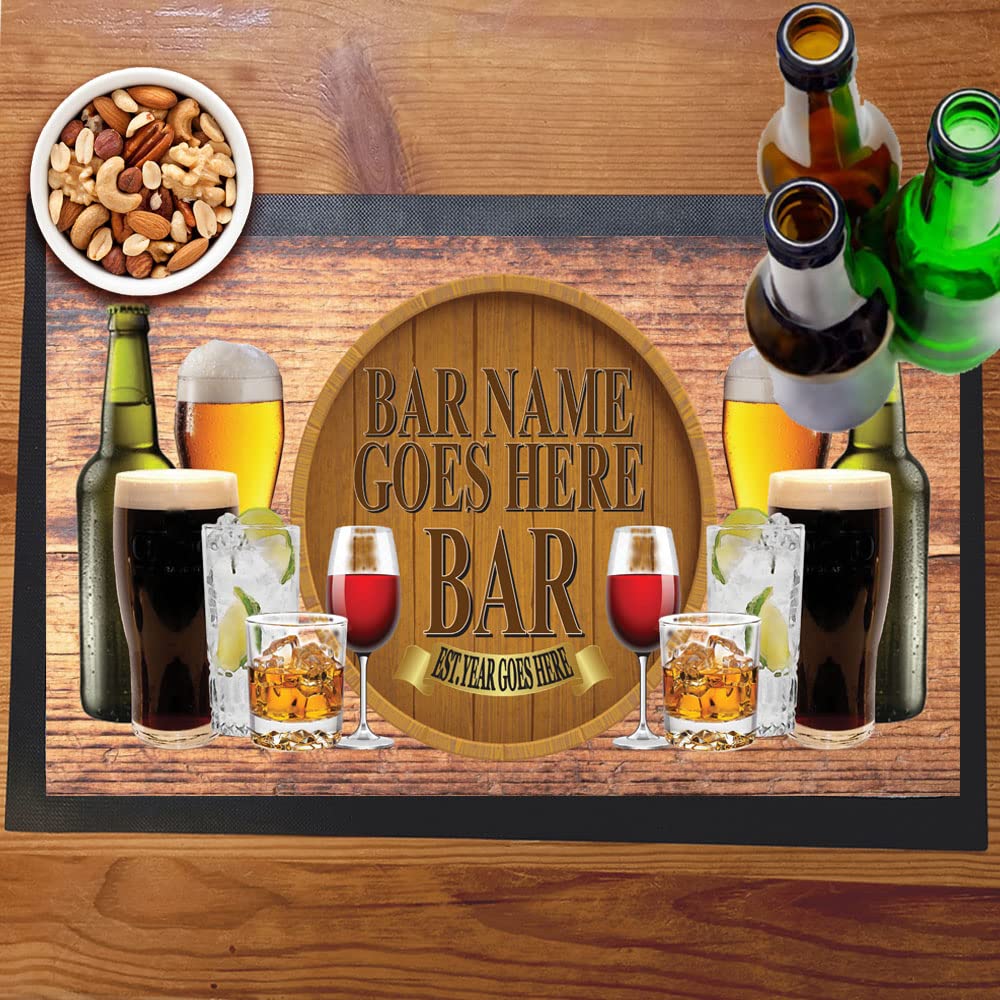 Wooden Barrel Plaque Bar Mat Runner with Non- Slip Rubber Back and Personalised Name with Home, Pub, Coffee Shop, Venue, Garden, Bar Gift