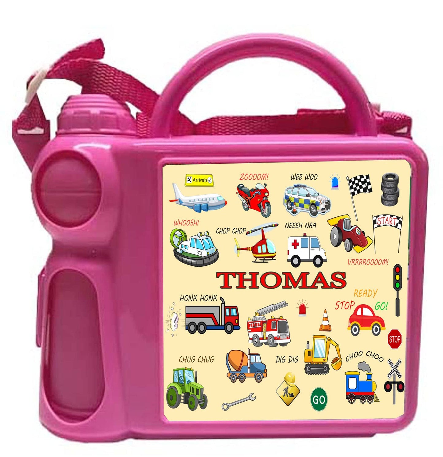 Junior Fun Cartoon Personalised Vehicles Design Plastic Lunch Box and Water Bottle Back to School Gift Set Available in Choice of 2 Colours