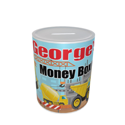 Personalised Kids Digger & Dumper Truck Ceramic Piggy Bank Money Box Gift