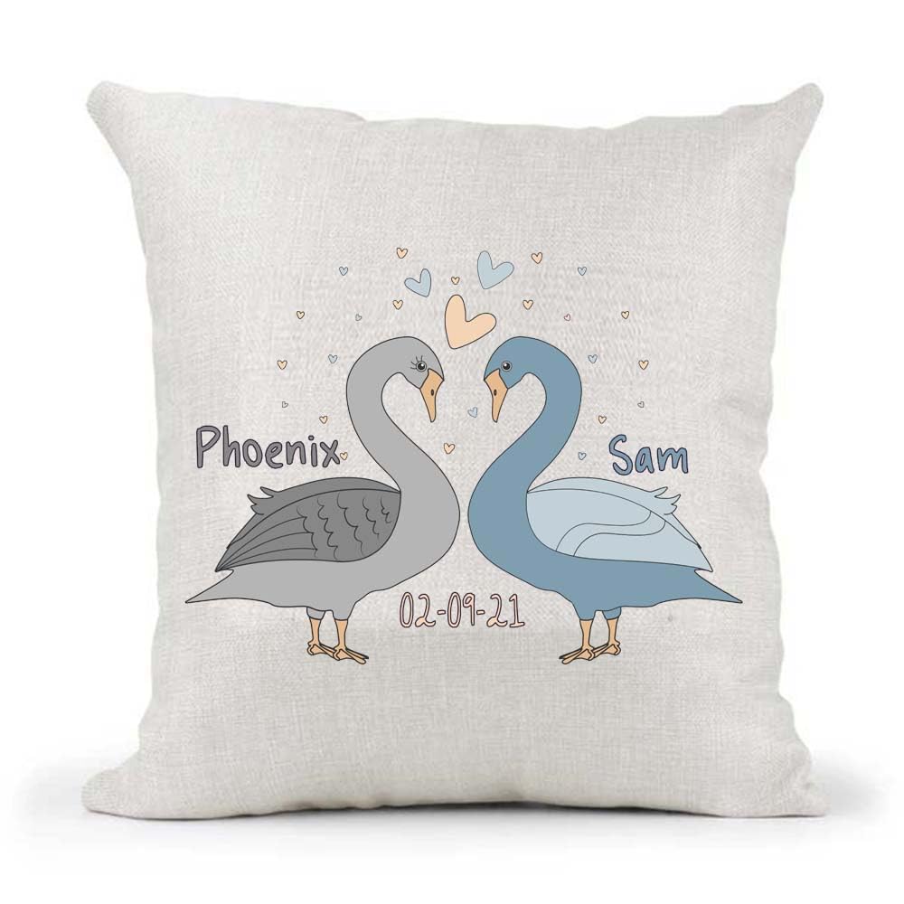 Cute Male Female Non-Binary Couple Swans Valentines Day Anniversary Personalised Country Canvas Cushion Cover
