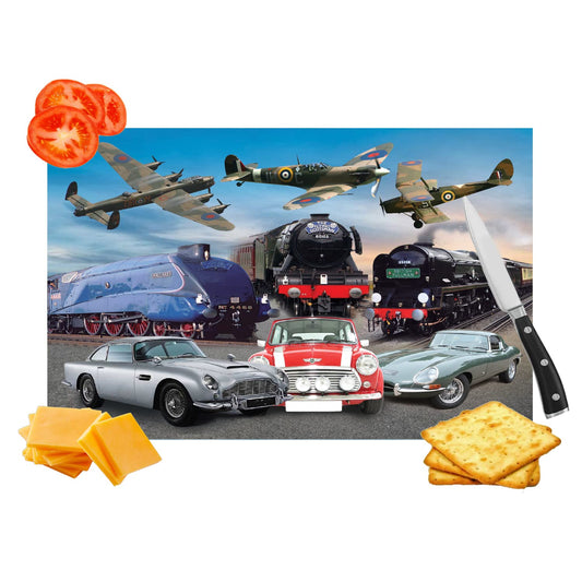 Planes Trains and Automobiles Classic Car & Transport Icons Toughened Glass Heat Resistant Worktop Saver Cutting and Chopping Board Gift