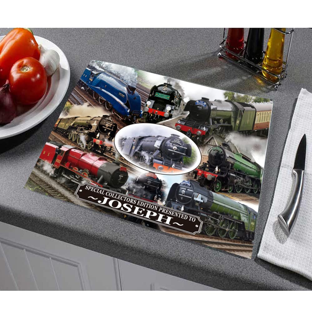 Classic Steam Locomotive Train Personalised Toughened Glass Heat Resistant Worktop Saver Cutting and Chopping Board Gift