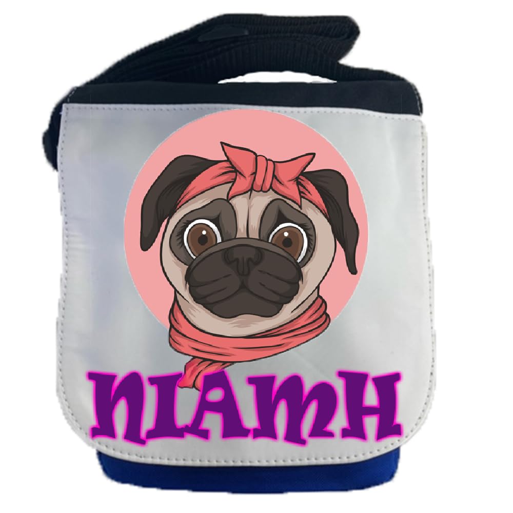 Kids Childrens Personalised Name Pug School Messenger Bag (Blue)