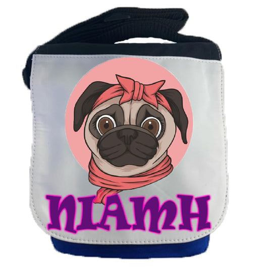 Kids Childrens Personalised Name Pug School Messenger Bag (Blue)