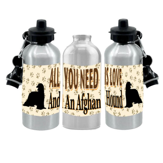 Afghan Hound Water Bottle - All You Need Is Love - Silver Aluminium - Two Lids - Unisex Gift