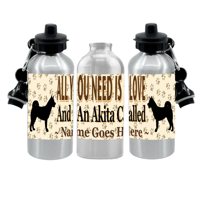 Akita Water Bottle - All You Need Is Love - Silver Aluminium - Two Lids - Unisex Gift