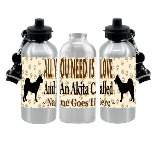 Akita Water Bottle - All You Need Is Love - Silver Aluminium - Two Lids - Unisex Gift