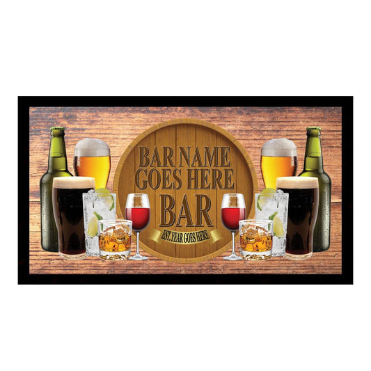 Wooden Barrel Plaque Bar Mat Runner with Non- Slip Rubber Back and Personalised Name with Home, Pub, Coffee Shop, Venue, Garden, Bar Gift
