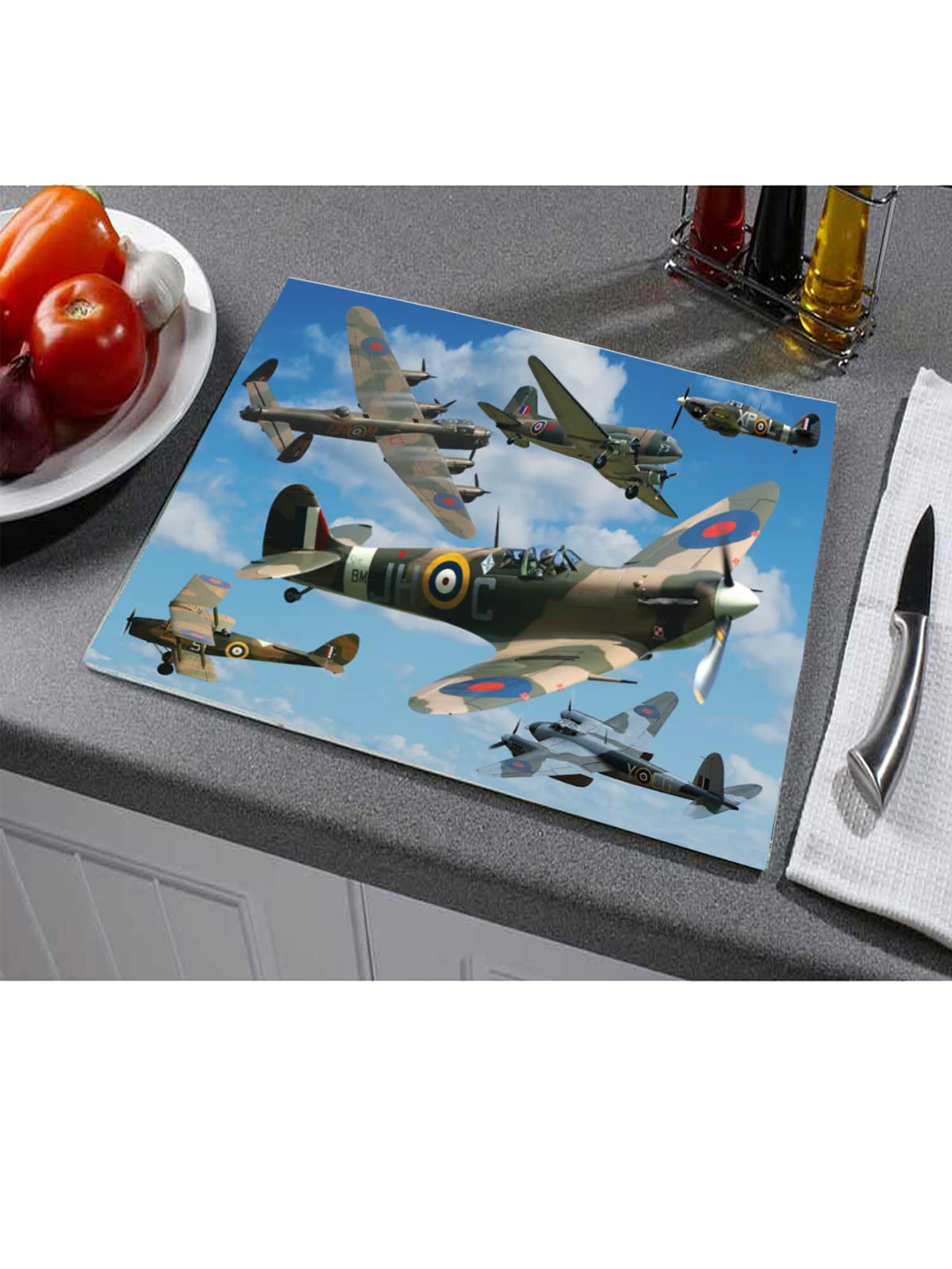 British WWII Iconic War Planes Toughened Glass Heat Resistant Worktop Saver Cutting and Chopping Board Gift