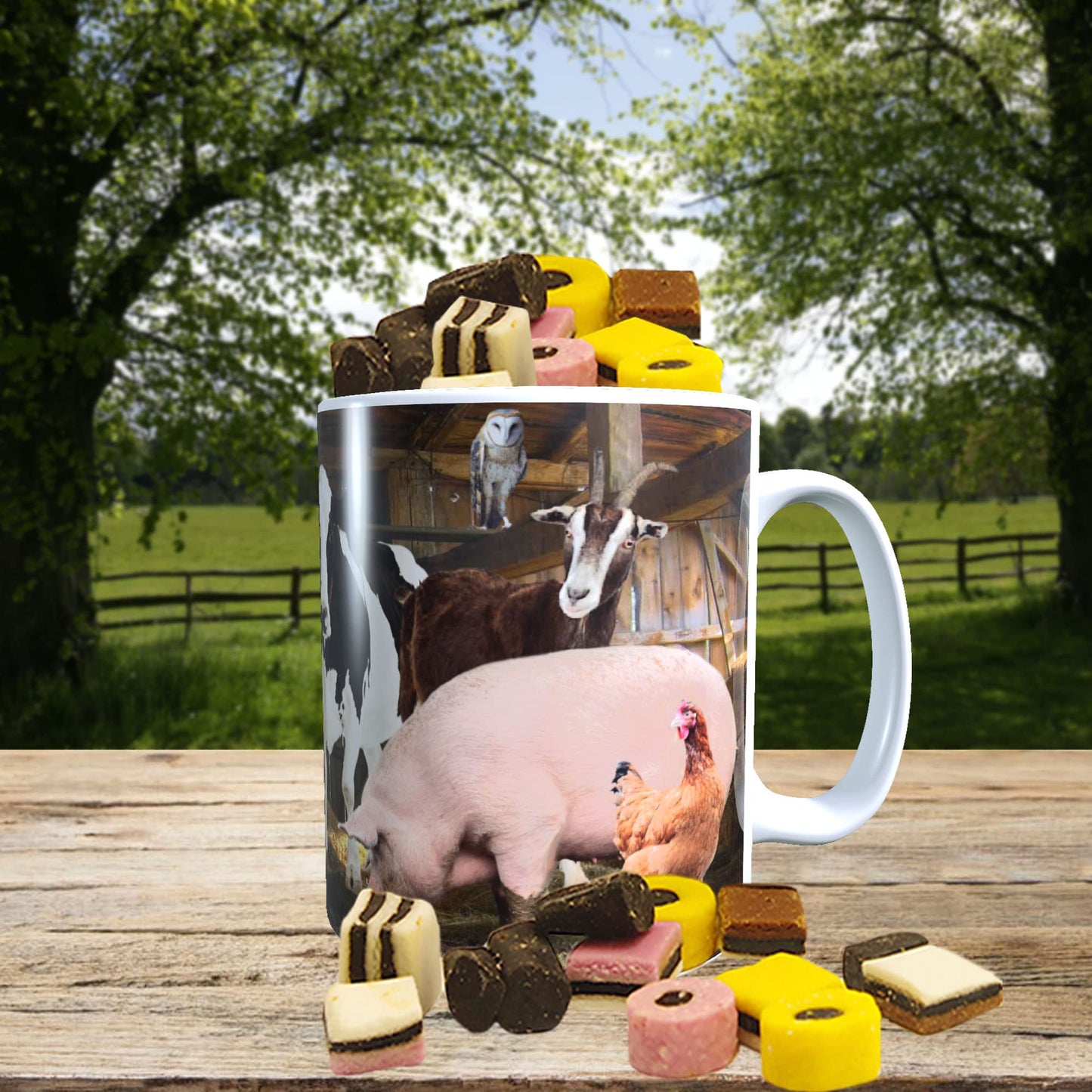 Farm Animals Barn Gathering Mug with Choice of Sweets Gift