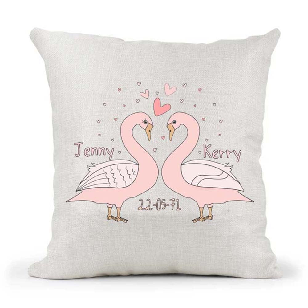 Cute Male Female Non-Binary Couple Swans Valentines Day Anniversary Personalised Country Canvas Cushion Cover