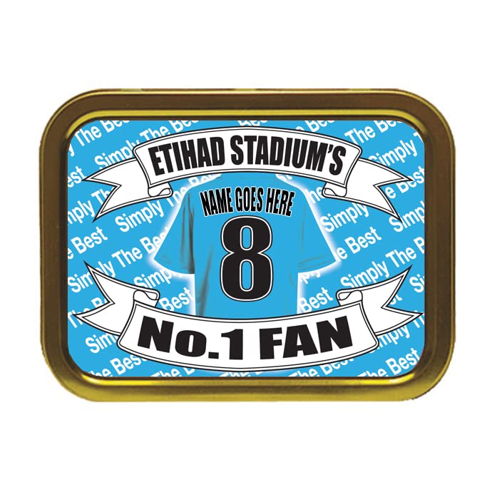 Personalized tin with 'Etihad Stadium's No.1 Fan' design on a blue background