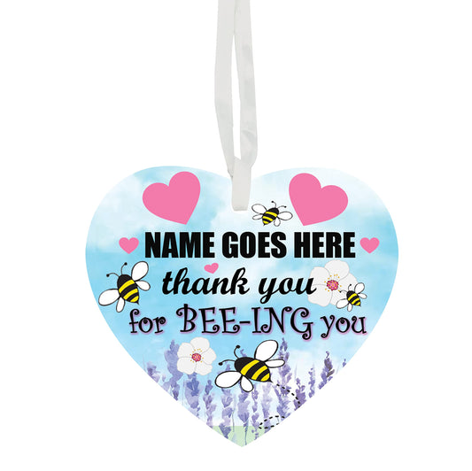 Thank You For BEE-ING You Personalised Hanging Heart Ceramic Keepsake With Blue Sky & Pink Hearts Setting Gift